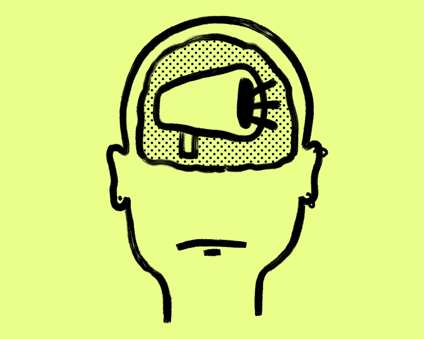 An illustration of a loudspeaker inside a person’s head.